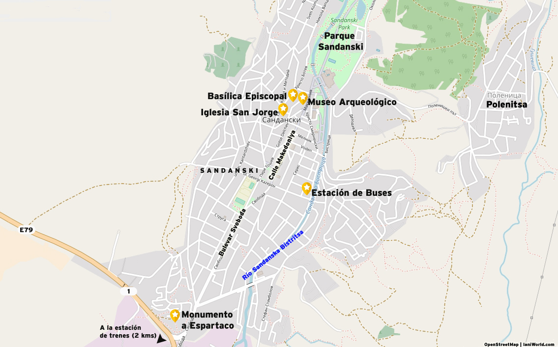 Mapa atracciones, area céntrica de Sandanski