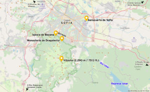 Mapa de Ubicación de las atracciones en el sur del Área Metropolitana de Sofia.