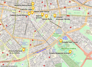 Mapa de atracciones en el centro de Sofia