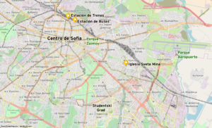 Mapa atracciones sofia, y ubicación terminales de tren y autobús