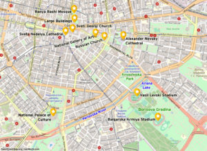 Location of attractions in the center of Sofia.