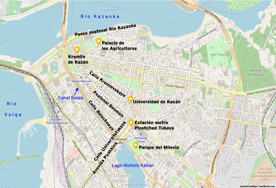 Mapa con atracciones en el centro de la ciudad de Kazán