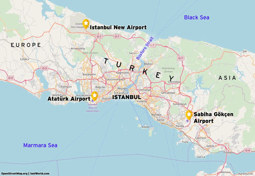 Map of locations airports in Istanbul