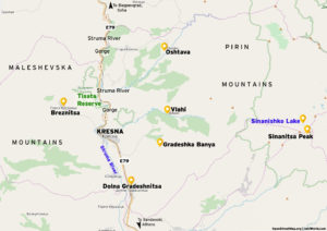 Map of attractions in Kresna and nearby areas