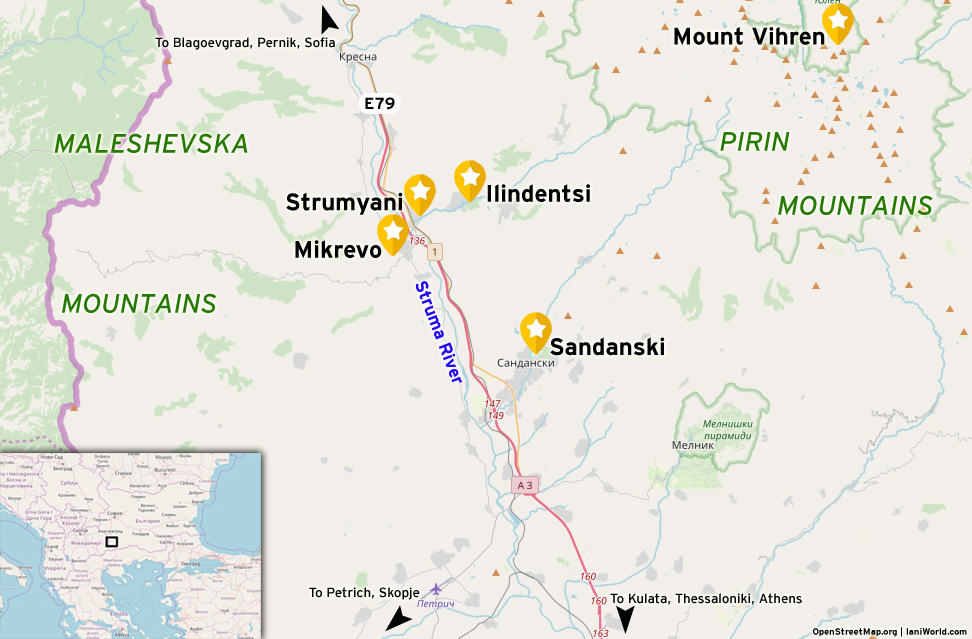 Map of Strumyani, Mikrevo and Ilindentsi and nearby areas of southwestern Bulgaria