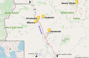 Mapa de Strumyani, Mikrevo e Ilindentsi y áreas cercanas