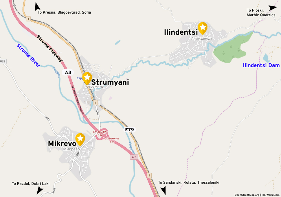 Map of towns Strumyani, Mikrevo, Ilindentsi