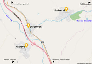 Mapa de ubicación y carreteras de Strumyani, Mikrevo e Ilindentsi. Las tres localidades muy cercanas entre sí.