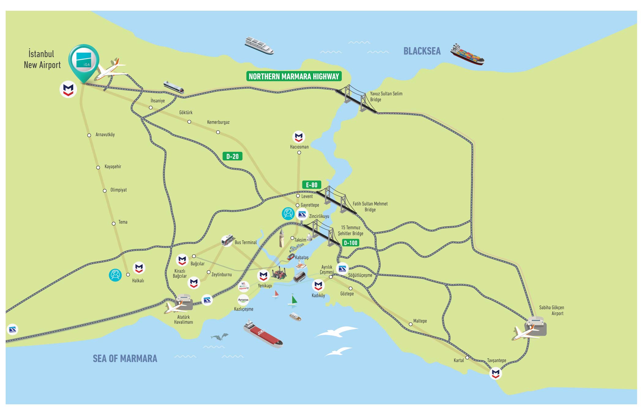 Map of airports and transport in Istanbul