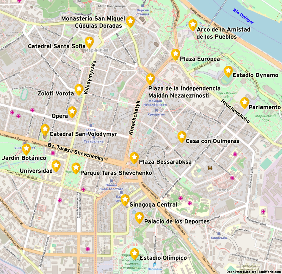 Mapa de las atracciones en el centro de Kyiv