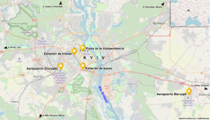 Mapa de la ciudad de Kyiv, aeropuertos, estaciones de buses y trenes.
