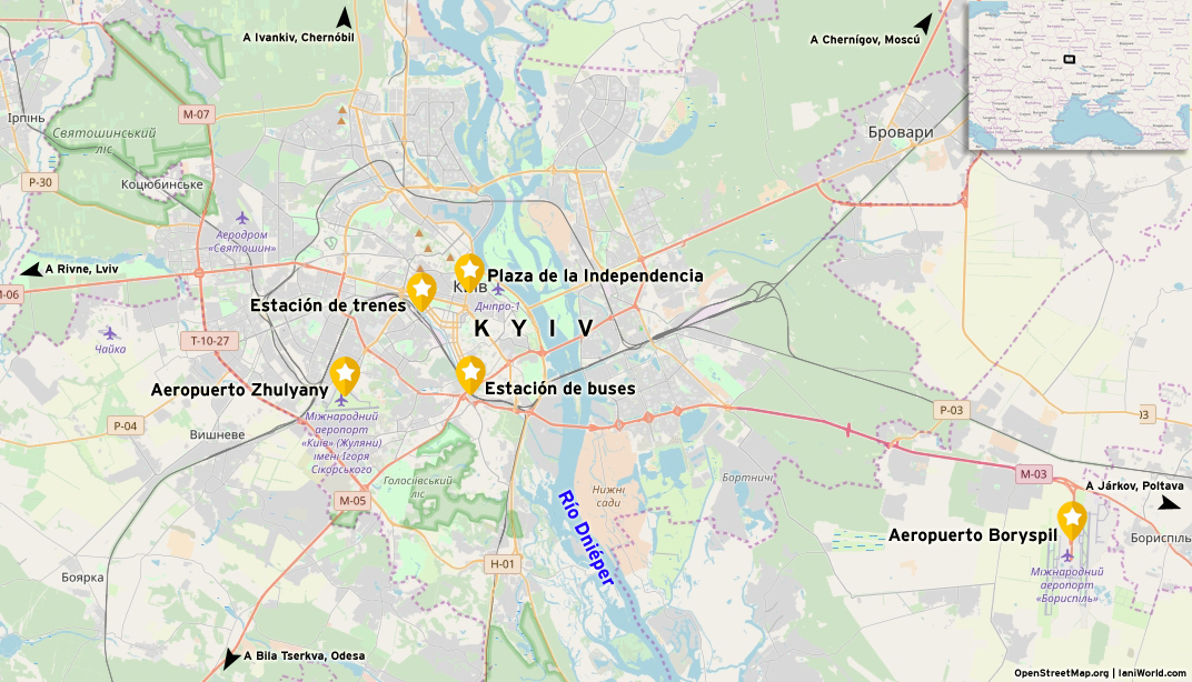 Mapa de la ciudad de Kyiv, aeropuertos, estaciones de buses y trenes.
