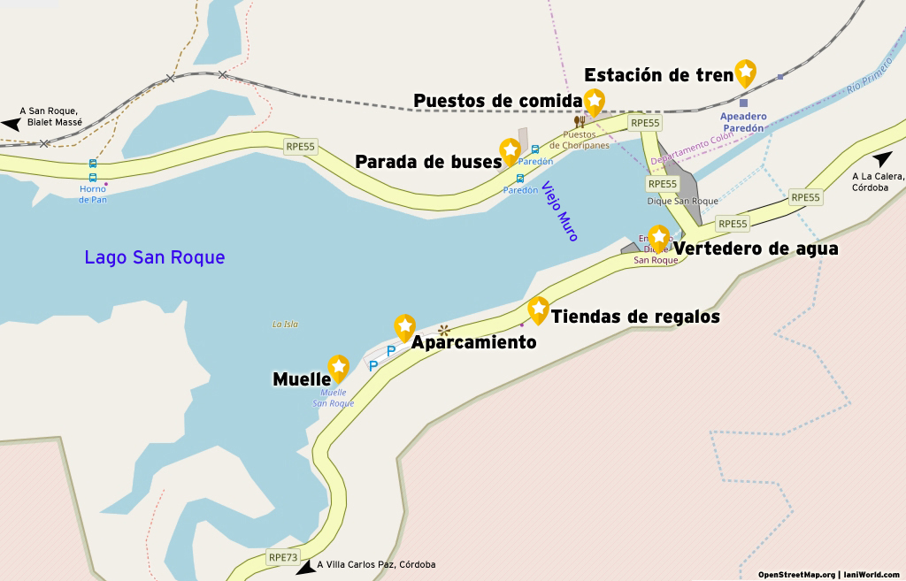 Mapa de atracciones cercanas al paredón del Dique San Roque
