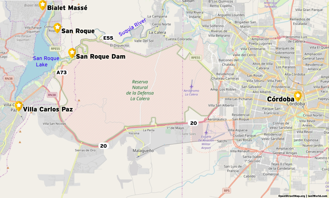 San Roque Lake area and neighbor cities map