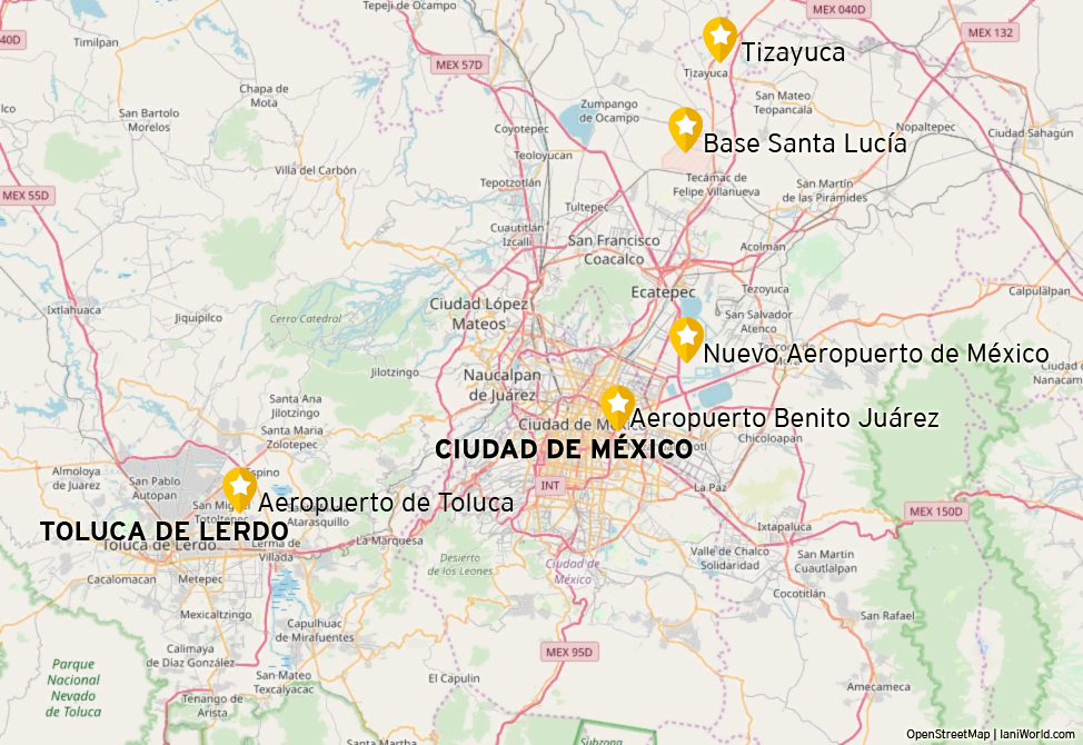 Mapa de las posibles opciones de aeropuertos, Ciudad de México