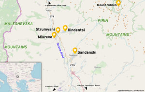 Map of Strumyani, Mikrevo and Ilindentsi and nearby areas of southwestern Bulgaria