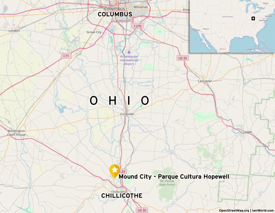 Mapa de Ohio y ubicación del Mound City Parque Hopewell