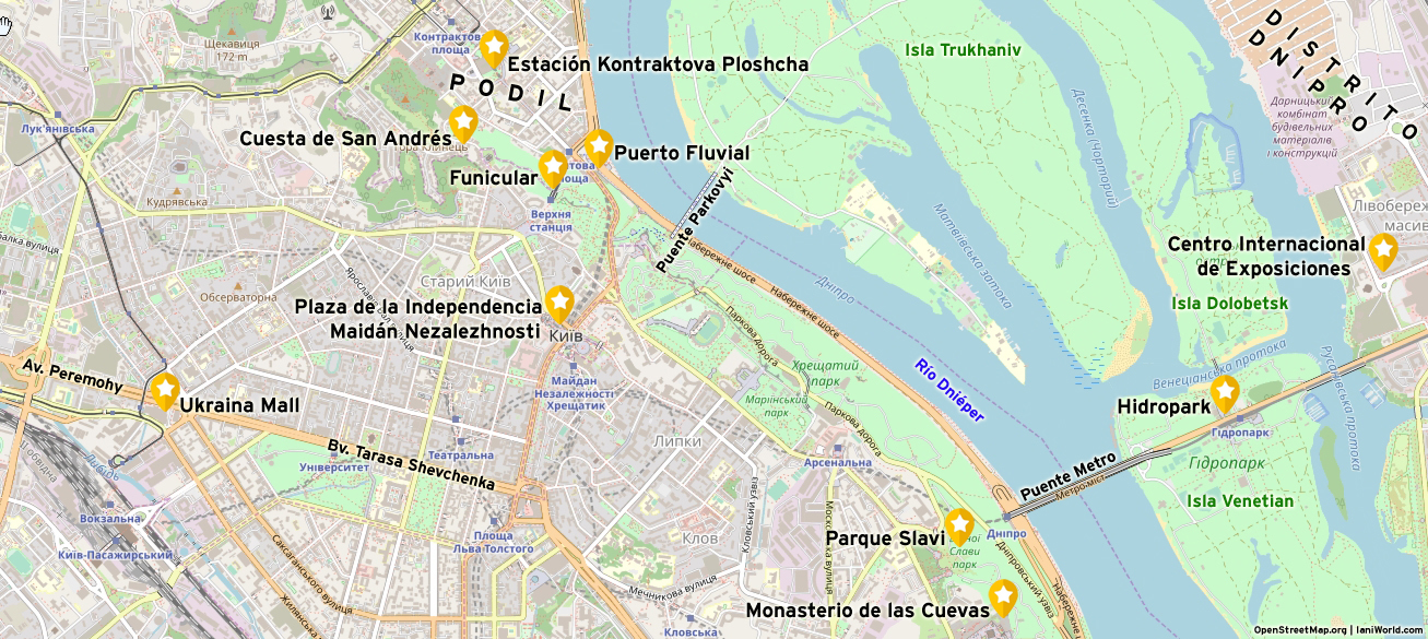 Mapa de atracciones en Distrito de Podil 