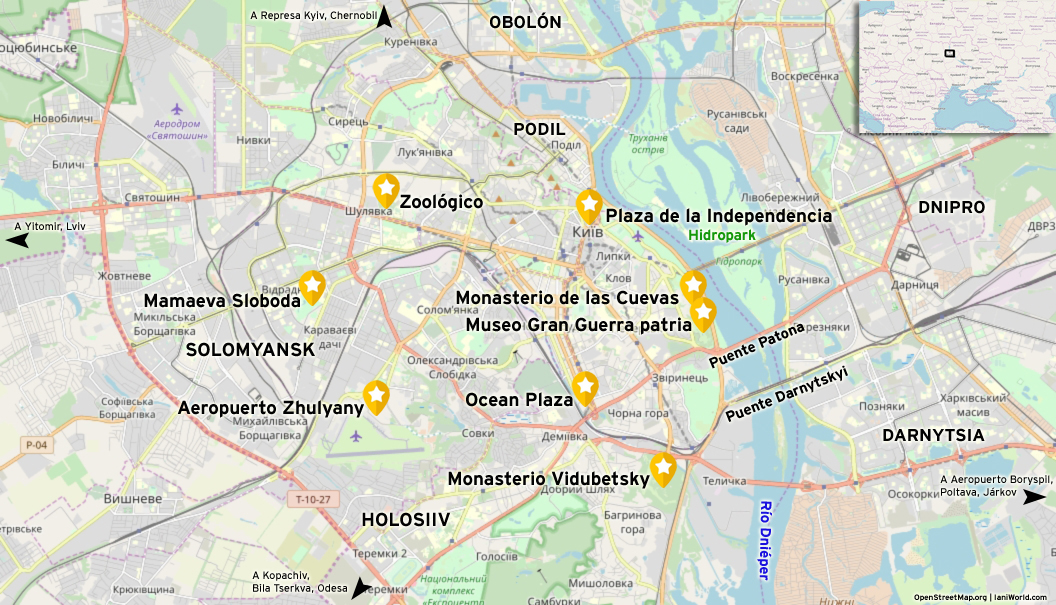 Mapa de atracciones vistas hoy en el este y sur de Kyiv.