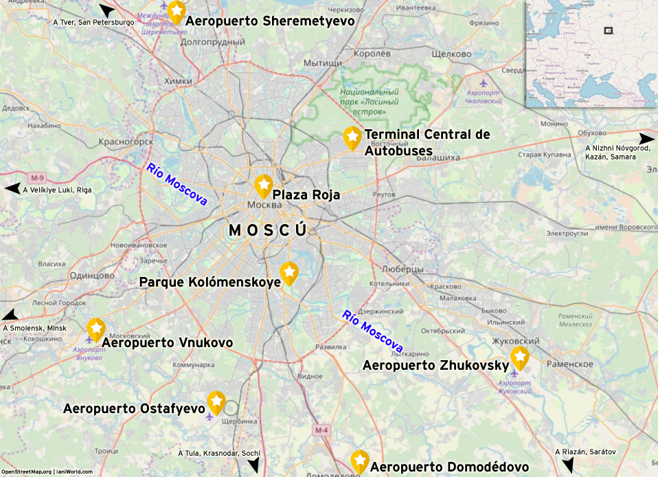 Mapa de Moscú y ciudades vecinas, con ubicación de los 5 aeropuertos