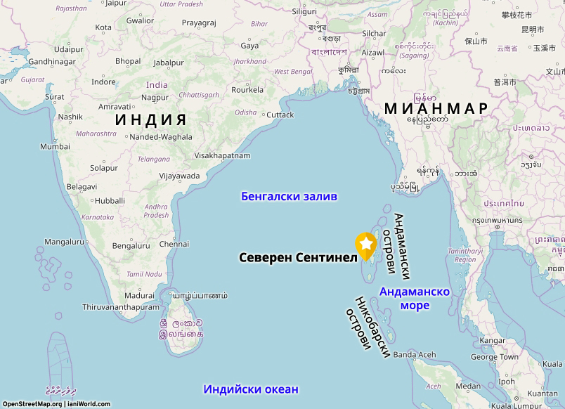 Карта на местоположението на Северен Сентинел, в Бенгалския залив, в Югоизточна Азия.
