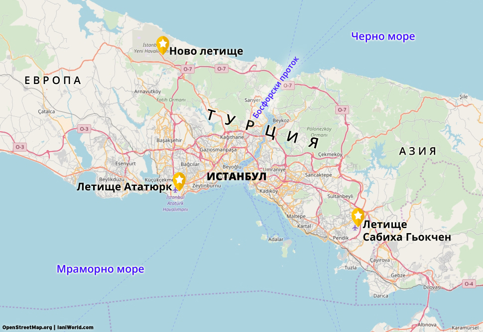 Карта на трите летища в Истанбул.