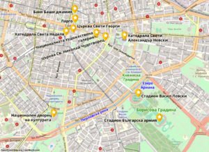 Карта на атракциите в центъра на София.