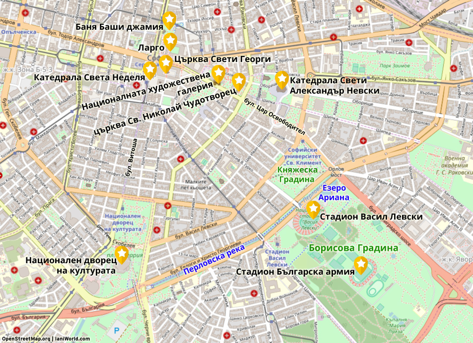Карта на атракциите в центъра на София.