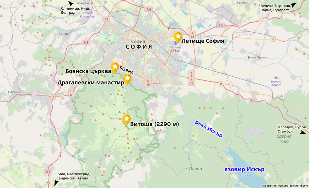 Разположение на забележителностите в южната част на Столичната зона.