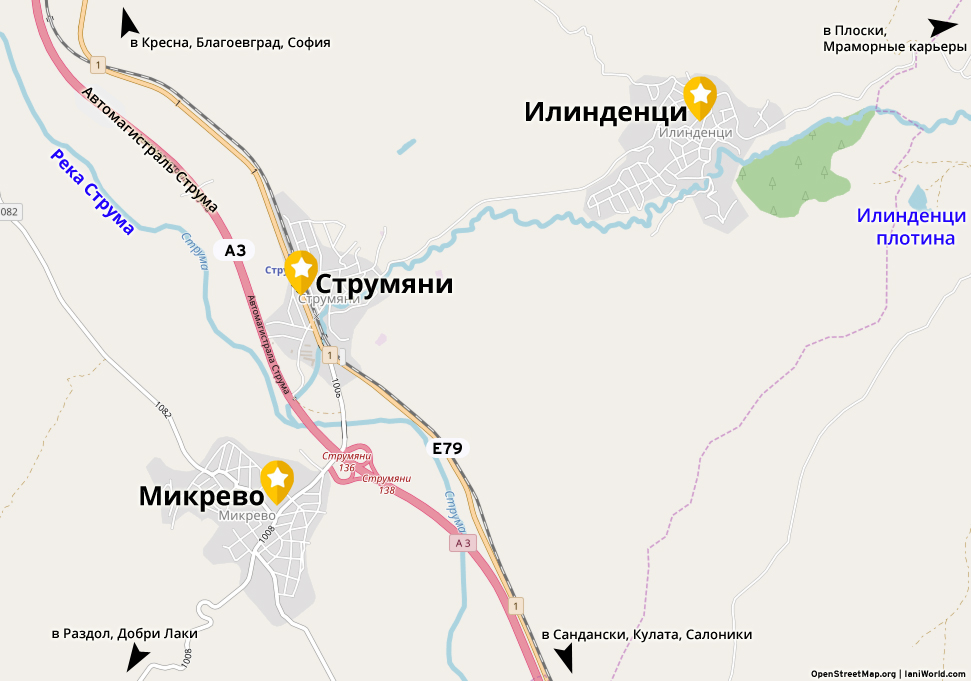 Струмяни расположен на восточном берегу реки Струма, в Микрево на западном берегу, в окружении посевных полей. Илинденци находится на более высокой высоте, где рельеф начинает уступать горам Пирин