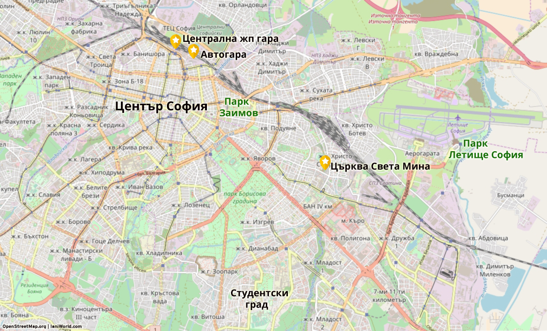 Карта на София, атракциите и жп и автогарите.