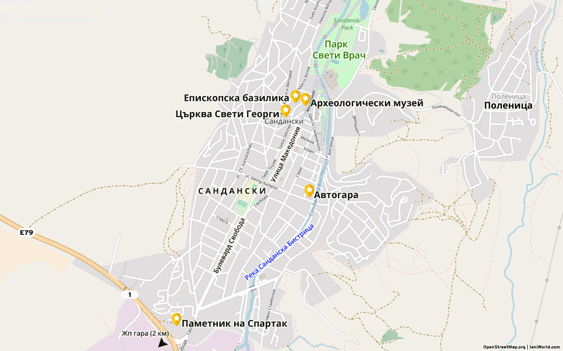 Карта на центъра на град Сандански