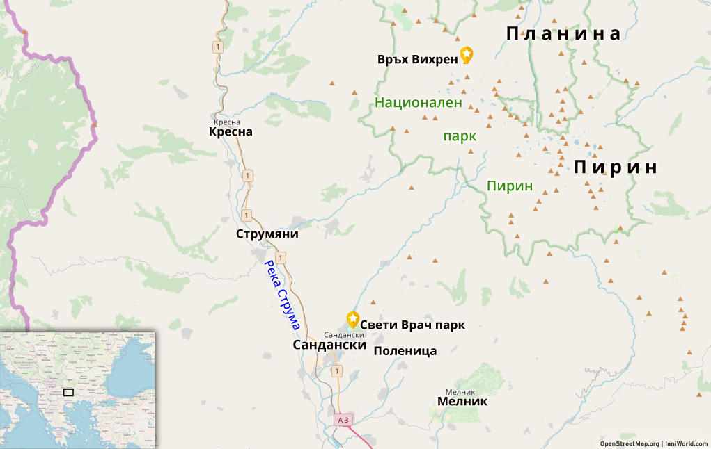 Карта на Сандански и околностите