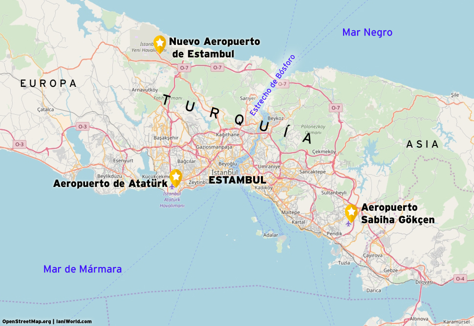 Mapa de Estambul y sus tres aeropuertos