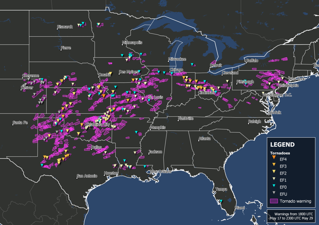United States tornadoes map, outbreak of May